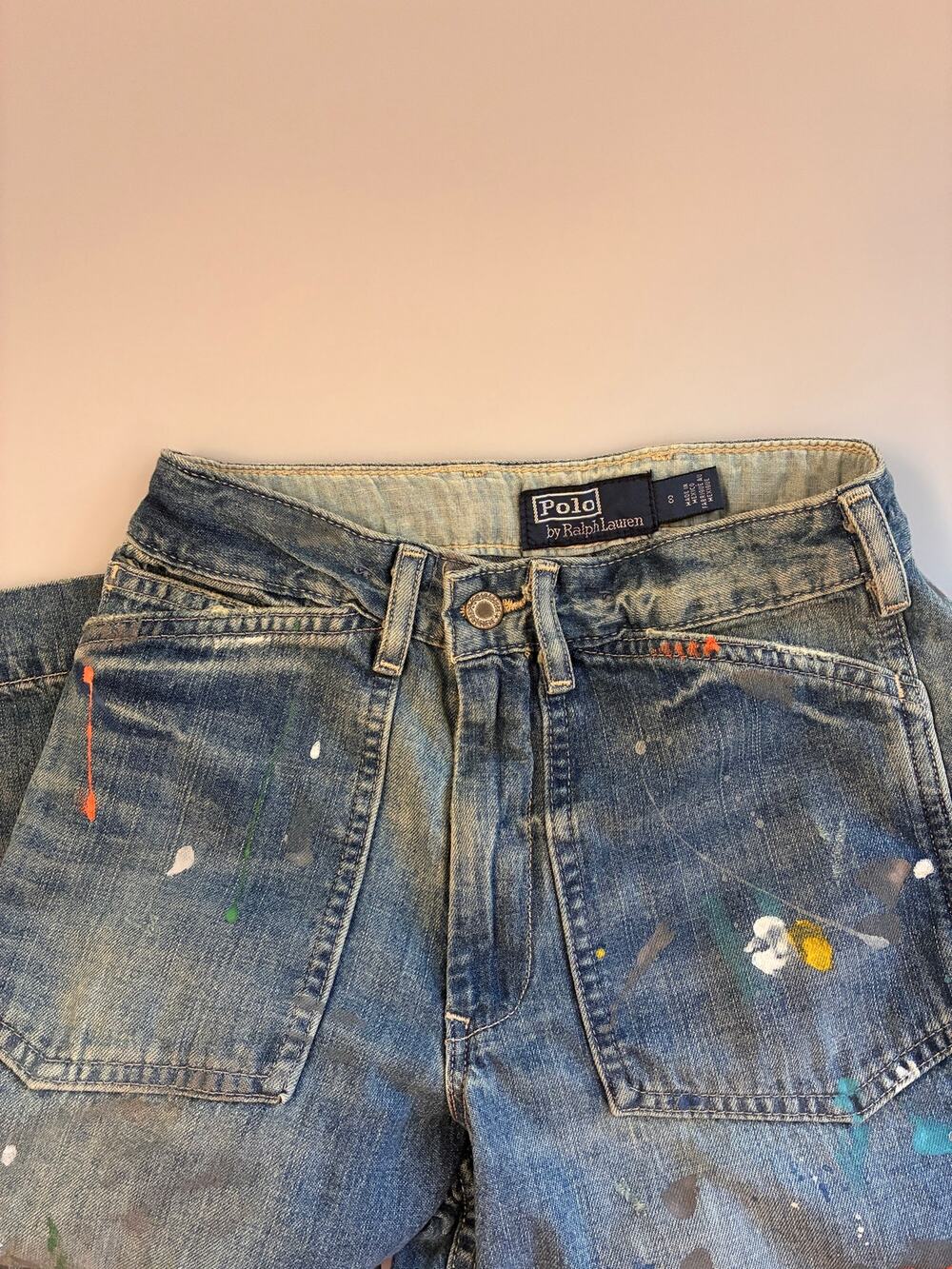 New Polo Ralph Lauren Kids Paint Splatter Denim Utility Deck Pants Size 8 Unisex